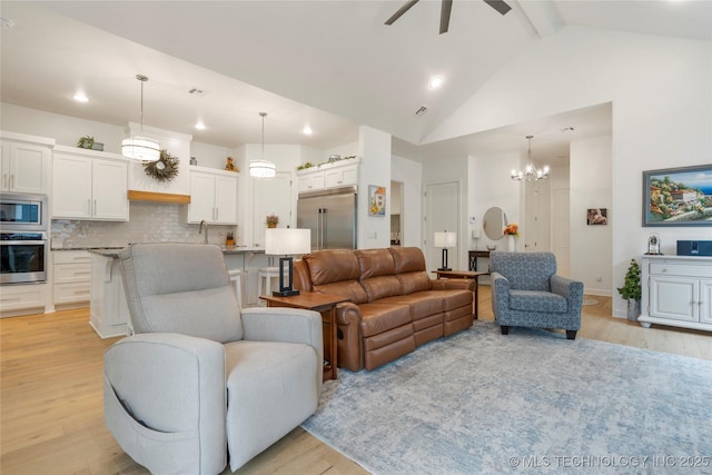 1228 W 85th Ct S, Tulsa, OK 74132 - living area with a ceiling fan, light wood finished floors, recessed lighting, a chandelier, and beamed ceiling
