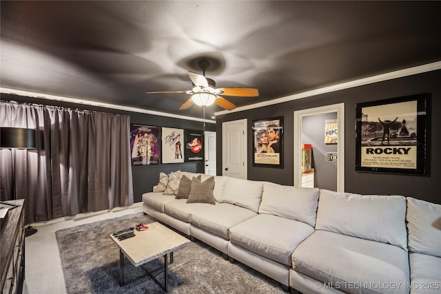 6317 E 110th St, Tulsa, OK 74137 - carpeted home theater featuring ornamental molding and ceiling fan