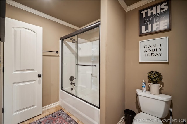 6317 E 110th St, Tulsa, OK 74137 - bathroom with ornamental molding, toilet, combined bath / shower with glass door, and baseboards