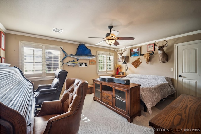 6317 E 110th St, Tulsa, OK 74137 - bedroom featuring ornamental molding, multiple windows, light colored carpet, and a ceiling fan