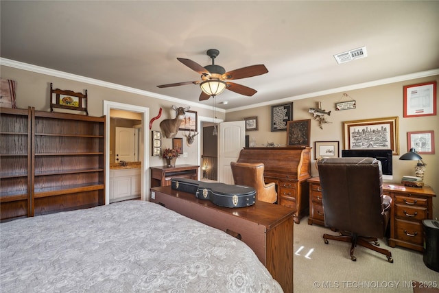 6317 E 110th St, Tulsa, OK 74137 - carpeted bedroom featuring crown molding, an office area, and a ceiling fan