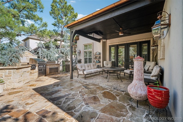 6317 E 110th St, Tulsa, OK 74137 - view of patio with french doors, ceiling fan, and outdoor lounge area