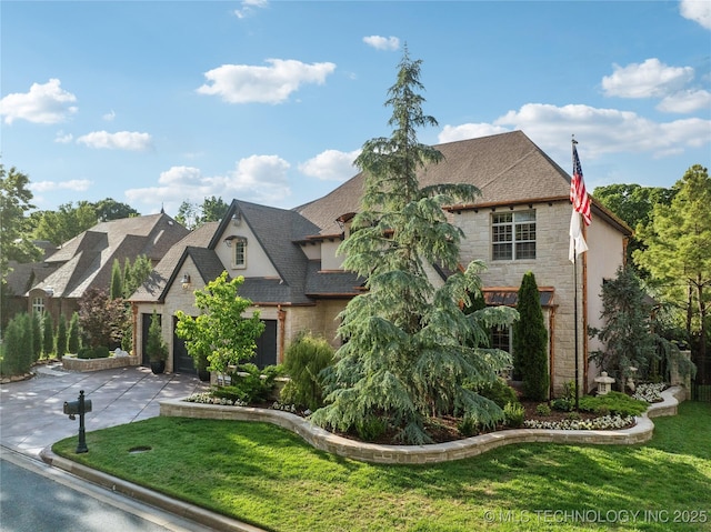 6317 E 110th St, Tulsa, OK 74137 - french country style house with driveway, stone siding, a front lawn, and a shingled roof