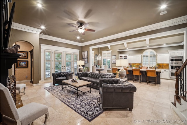 6317 E 110th St, Tulsa, OK 74137 - living area with crown molding, ceiling fan, baseboards, light tile patterned floors, and recessed lighting