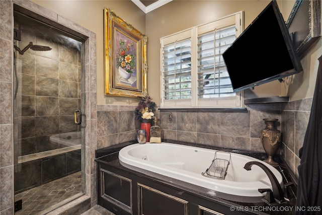 6317 E 110th St, Tulsa, OK 74137 - full bath featuring a tub with jets, a shower stall, and crown molding