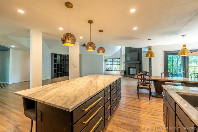 3017 E 88th St, Tulsa, OK 74137 - kitchen featuring open floor plan, light wood-style floors, recessed lighting, light stone countertops, and plenty of natural light