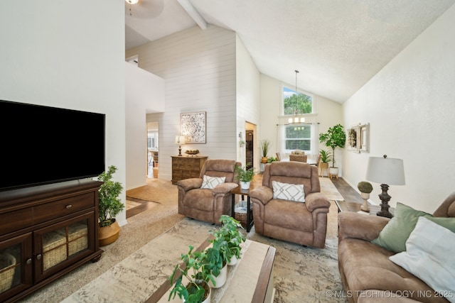 719 W Teel Rd, Sapulpa, OK 74066 - living room featuring high vaulted ceiling, a chandelier, beamed ceiling, carpet, and ceiling fan