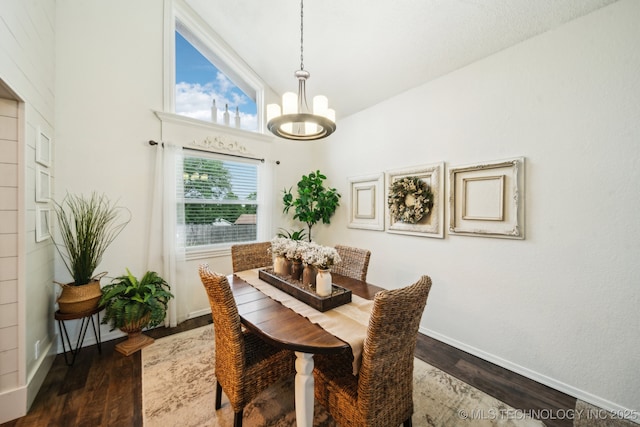 719 W Teel Rd, Sapulpa, OK 74066 - dining space featuring a chandelier, wood finished floors, baseboards, and high vaulted ceiling