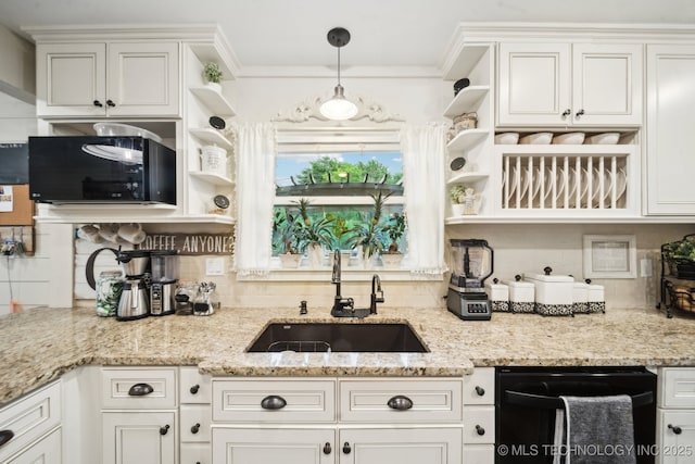 719 W Teel Rd, Sapulpa, OK 74066 - kitchen featuring open shelves, black appliances, a sink, tasteful backsplash, and white cabinets
