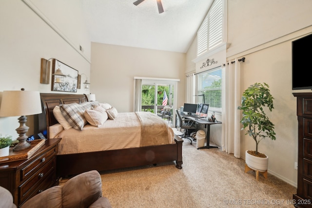 719 W Teel Rd, Sapulpa, OK 74066 - bedroom with carpet floors, an office area, high vaulted ceiling, a ceiling fan, and access to exterior