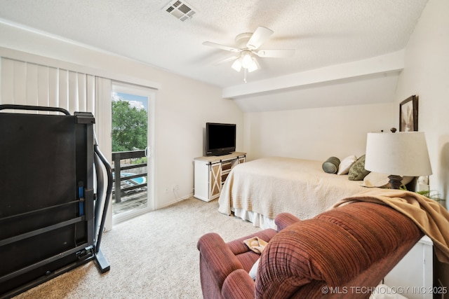 719 W Teel Rd, Sapulpa, OK 74066 - carpeted bedroom featuring fridge, access to outside, vaulted ceiling, a ceiling fan, and a textured ceiling