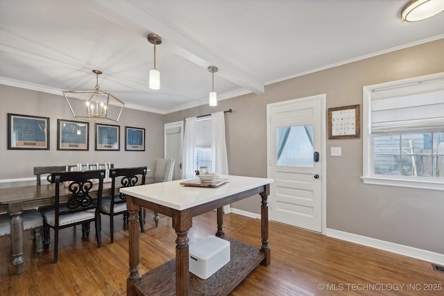 4104 S Owasso Ave, Tulsa, OK 74105 - dining space featuring a chandelier, wood finished floors, ornamental molding, baseboards, and beam ceiling