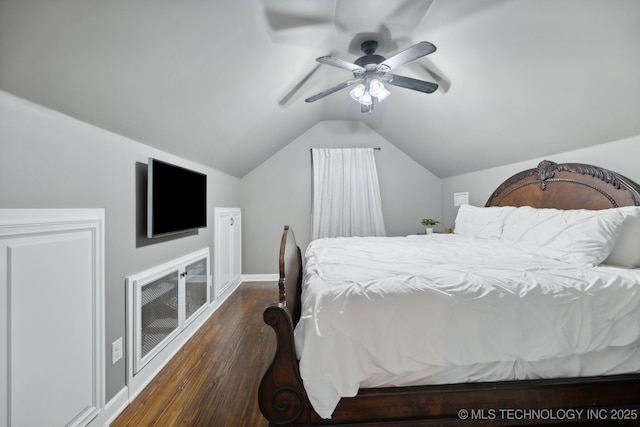 4104 S Owasso Ave, Tulsa, OK 74105 - bedroom with wood finished floors, lofted ceiling, a ceiling fan, and baseboards