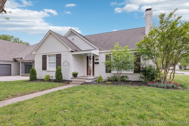 4104 S Owasso Ave, Tulsa, OK 74105 - ranch-style home with a chimney, a front yard, roof with shingles, and a garage