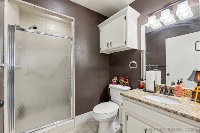 805 E 10th St, Claremore, OK 74017 - bathroom with a stall shower, vanity, tile patterned floors, and toilet