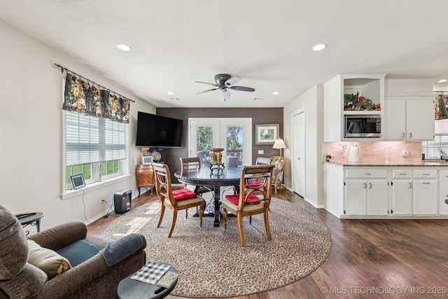 805 E 10th St, Claremore, OK 74017 - dining space with dark wood finished floors, a ceiling fan, recessed lighting, and baseboards