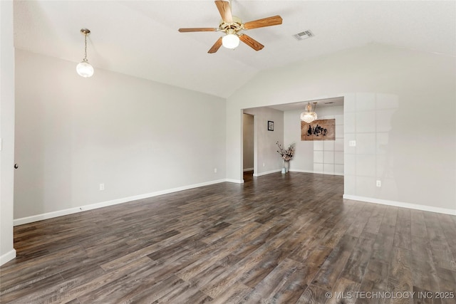 1309 N Willow Ave, Broken Arrow, OK 74012 - unfurnished living room with vaulted ceiling, ceiling fan, dark wood-type flooring, and baseboards
