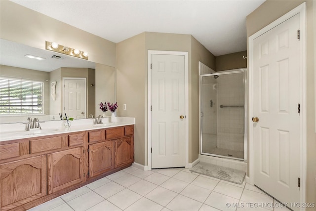 1309 N Willow Ave, Broken Arrow, OK 74012 - full bath with double vanity, a shower stall, tile patterned floors, and baseboards