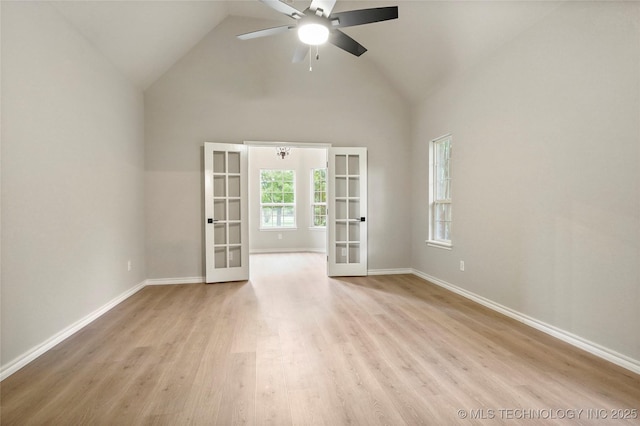 13041 E 67th St, Broken Arrow, OK 74012 - unfurnished room featuring french doors, light wood finished floors, a ceiling fan, high vaulted ceiling, and baseboards