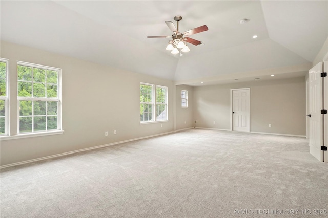 13041 E 67th St, Broken Arrow, OK 74012 - spare room featuring ceiling fan, light colored carpet, recessed lighting, baseboards, and vaulted ceiling