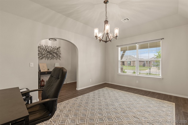 7506 E 87th Pl, Owasso, OK 74055 - office with a chandelier, wood finished floors, and arched walkways