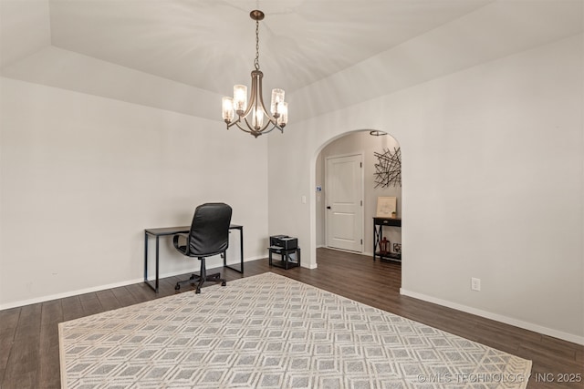 7506 E 87th Pl, Owasso, OK 74055 - office featuring arched walkways, wood finished floors, and a chandelier