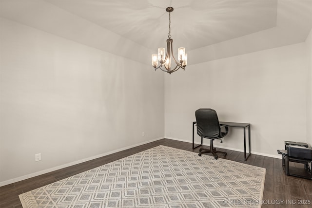 7506 E 87th Pl, Owasso, OK 74055 - unfurnished office with wood finished floors and a chandelier