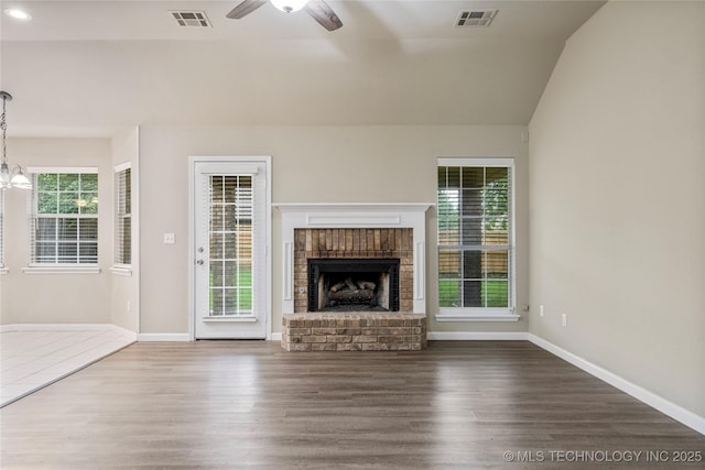 4309 W College St, Broken Arrow, OK 74012 - unfurnished living room featuring ceiling fan, wood finished floors, a fireplace, baseboards, and recessed lighting