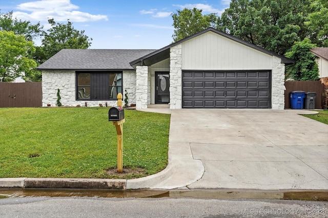 10128 E 34th St, Tulsa, OK 74146 - mid-century modern home featuring stone siding, an attached garage, concrete driveway, and roof with shingles