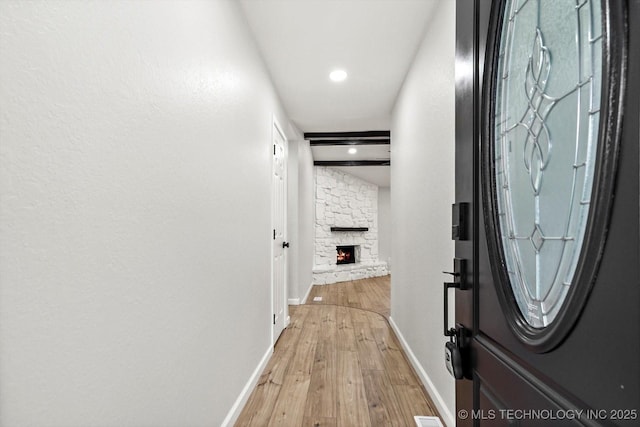 10128 E 34th St, Tulsa, OK 74146 - hall featuring light wood-style floors, baseboards, and recessed lighting