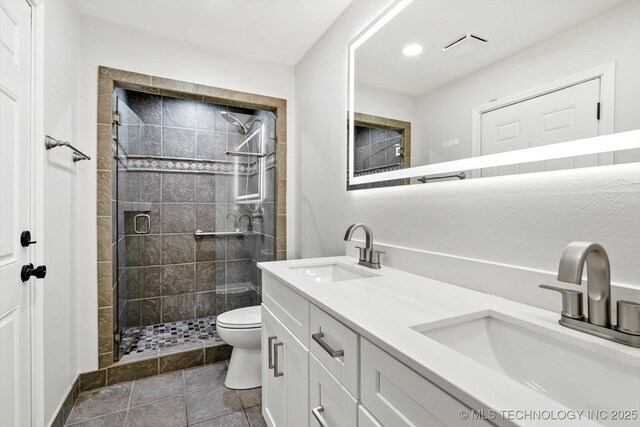 10128 E 34th St, Tulsa, OK 74146 - bathroom with toilet, double vanity, a shower stall, and recessed lighting