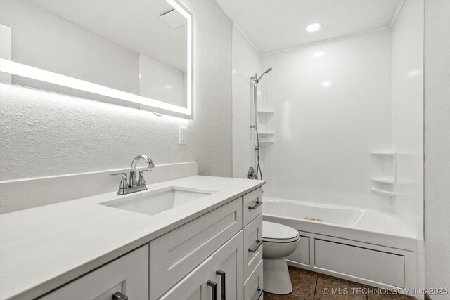 10128 E 34th St, Tulsa, OK 74146 - full bathroom with toilet, vanity, shower / bathtub combination, and recessed lighting