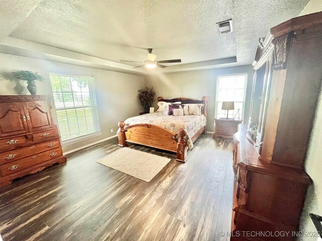 175 Johnson Rd, Broken Bow, OK 74728 - bedroom with a textured ceiling, dark wood-style floors, baseboards, multiple windows, and a raised ceiling