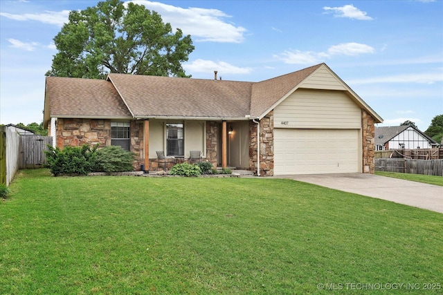 4407 W Lansing Pl, Broken Arrow, OK 74012 - view of front of home with stone siding, a porch, roof with shingles, a garage, and driveway