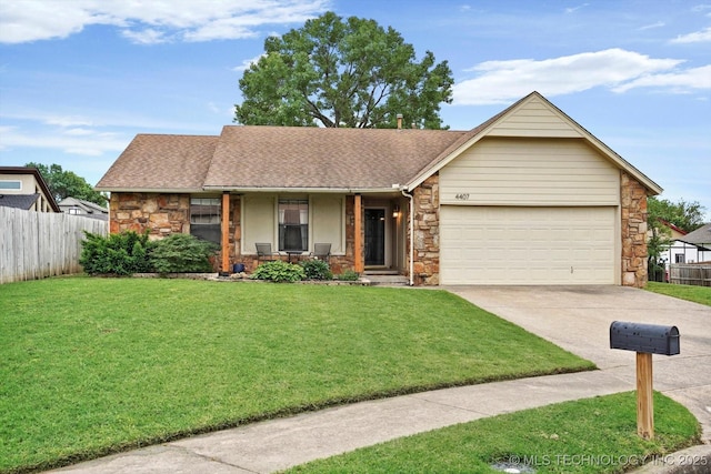 4407 W Lansing Pl, Broken Arrow, OK 74012 - view of front of house featuring stone siding, a porch, an attached garage, driveway, and roof with shingles