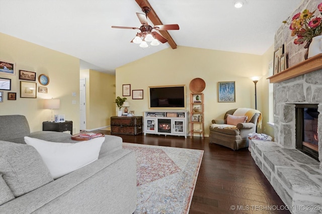 4407 W Lansing Pl, Broken Arrow, OK 74012 - living area featuring a fireplace, a ceiling fan, dark wood-type flooring, and baseboards