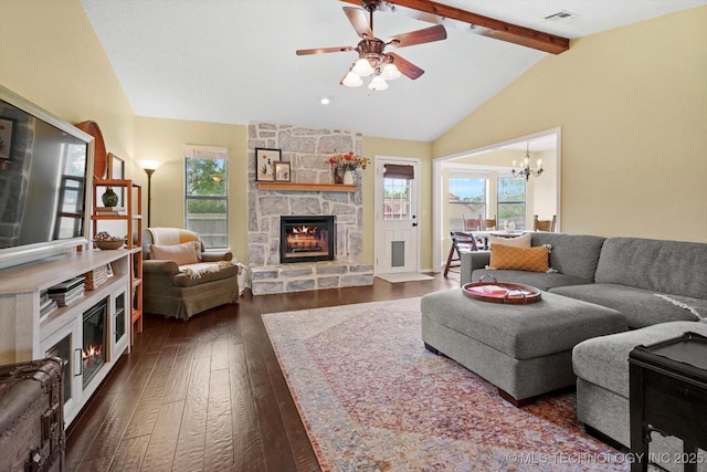 4407 W Lansing Pl, Broken Arrow, OK 74012 - living area with a fireplace, dark wood-style floors, a ceiling fan, and a chandelier