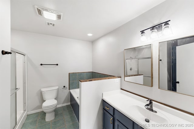 3160 E 406th Rd, Oologah, OK 74053 - bathroom with toilet, vanity, a bath, a shower stall, and tile patterned floors