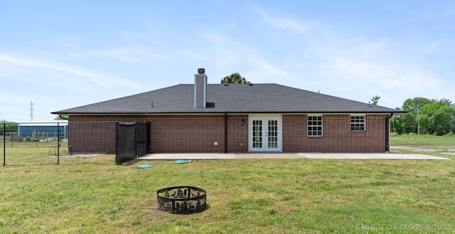 3160 E 406th Rd, Oologah, OK 74053 - rear view of property featuring french doors, a patio area, brick siding, and a chimney