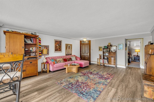 611 W 15th St Unit F1, Tulsa, OK 74127 - living room with crown molding, light wood-type flooring, and a textured ceiling