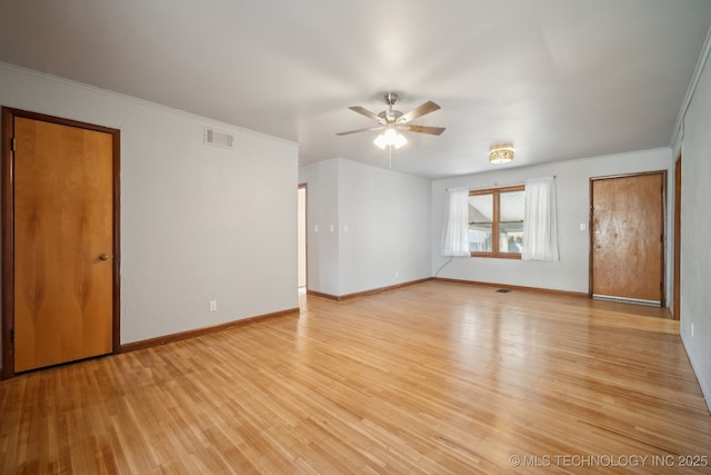 5856 E 22nd St, Tulsa, OK 74114 - empty room featuring ceiling fan, light wood-style flooring, baseboards, and ornamental molding