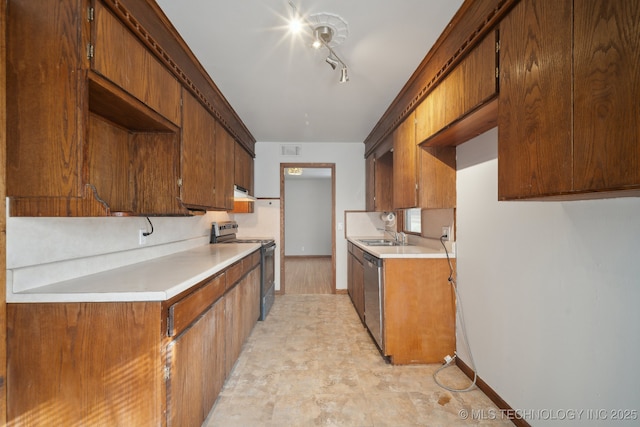 5856 E 22nd St, Tulsa, OK 74114 - kitchen with electric stove, light countertops, dishwasher, baseboards, and brown cabinetry