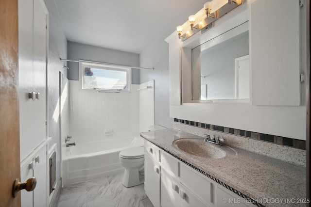 5856 E 22nd St, Tulsa, OK 74114 - bathroom with vanity, shower / bath combination, toilet, and marble look tiles