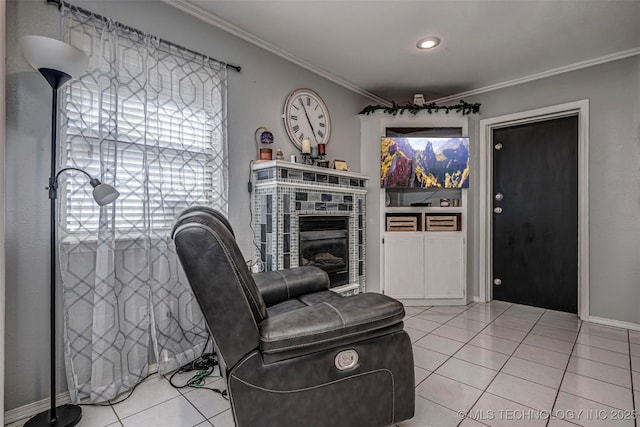 302 E Allen, Davis, OK 73030 - living area featuring crown molding, light tile patterned floors, a tile fireplace, and baseboards