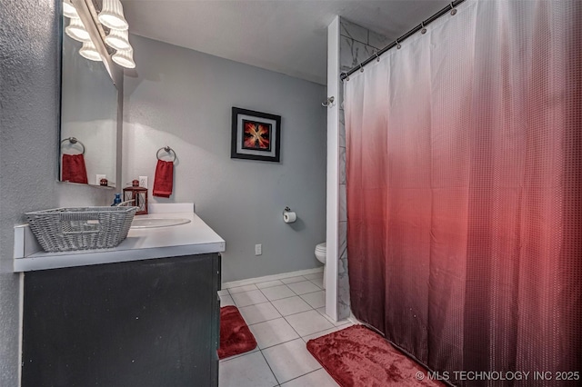 302 E Allen, Davis, OK 73030 - bathroom featuring vanity, tile patterned floors, toilet, a chandelier, and curtained shower