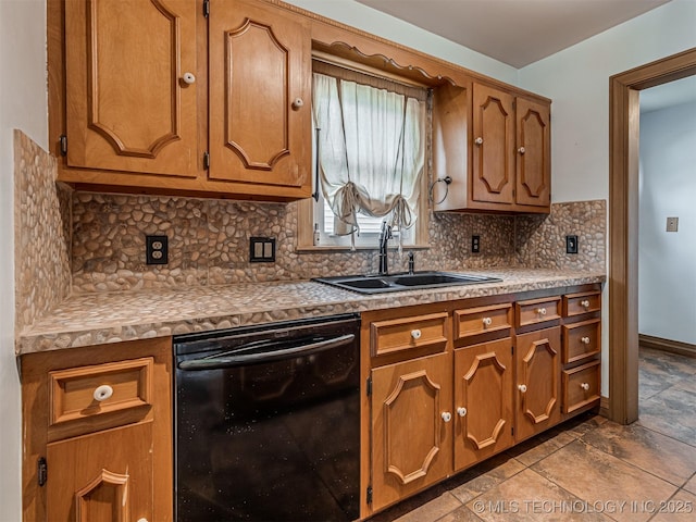 3504 E Haskell St, Tulsa, OK 74115 - kitchen featuring dishwasher, a sink, tasteful backsplash, brown cabinets, and light countertops