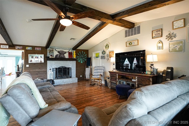 9406 S 161st Ave W, Sapulpa, OK 74066 - living area with ceiling fan, wood finished floors, and a large fireplace