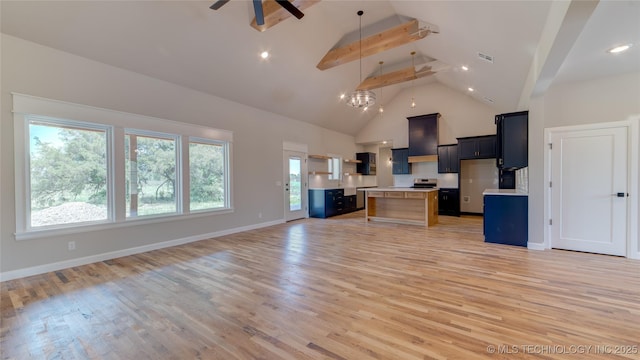 13801 N 54th E Ave, Collinsville, OK 74021 - unfurnished living room featuring beam ceiling, a ceiling fan, light wood-style floors, high vaulted ceiling, and plenty of natural light