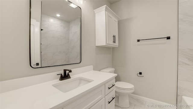 13801 N 54th E Ave, Collinsville, OK 74021 - full bathroom featuring marble look tile flooring, vanity, toilet, baseboards, and a shower