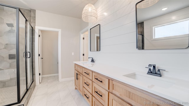 13801 N 54th E Ave, Collinsville, OK 74021 - bathroom with a stall shower, double vanity, marble finish floors, baseboards, and recessed lighting